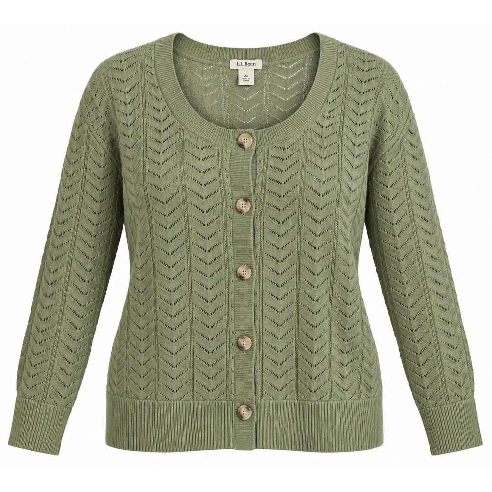 LL Bean Cardigan Sweater 2X Plus Sage Green Pointelle Knit Cotton Blend Preppy